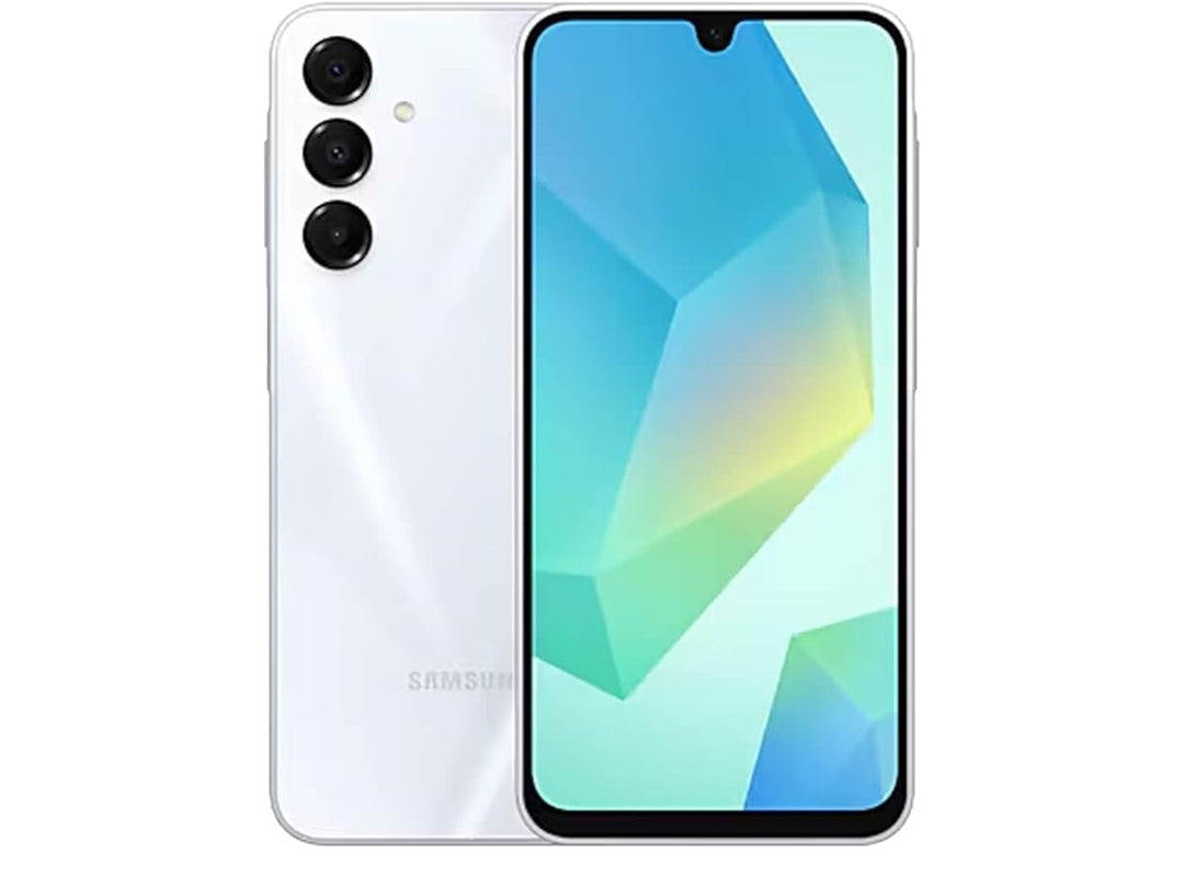 Teléfono inteligente Samsung Galaxy A16 en color gris, vista frontal y posterior.