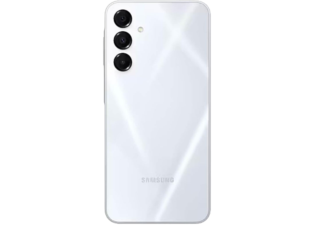 Teléfono inteligente Samsung Galaxy A16 en color gris, vista frontal y posterior.