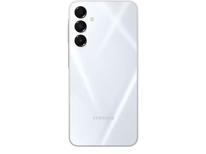 Teléfono inteligente Samsung Galaxy A16 en color gris, vista frontal y posterior.