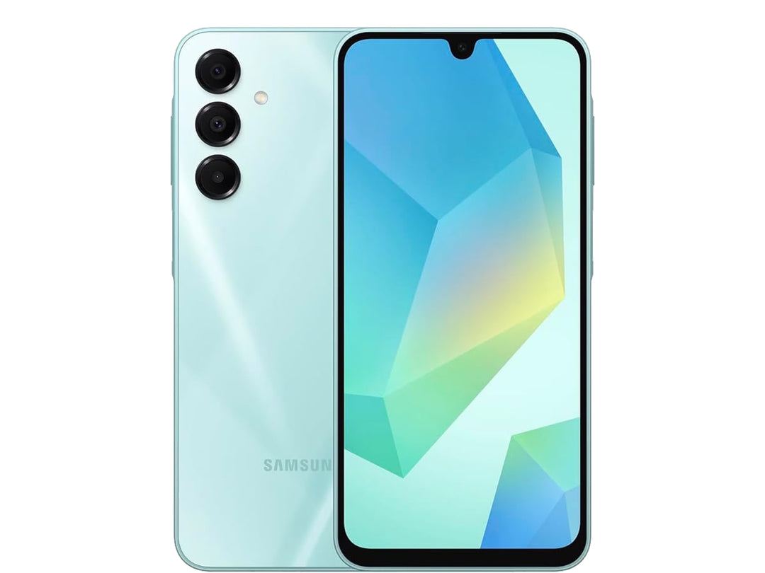 Teléfono inteligente Samsung Galaxy A16 en color verde, vista frontal y posterior.