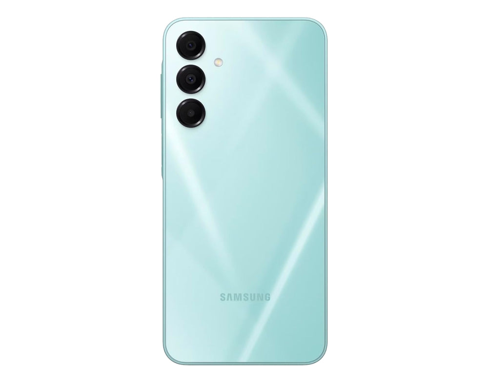 Teléfono inteligente Samsung Galaxy A16 en color verde, vista frontal y posterior.