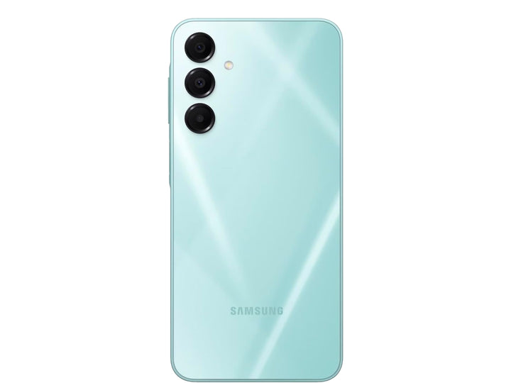 Teléfono inteligente Samsung Galaxy A16 en color verde, vista frontal y posterior.