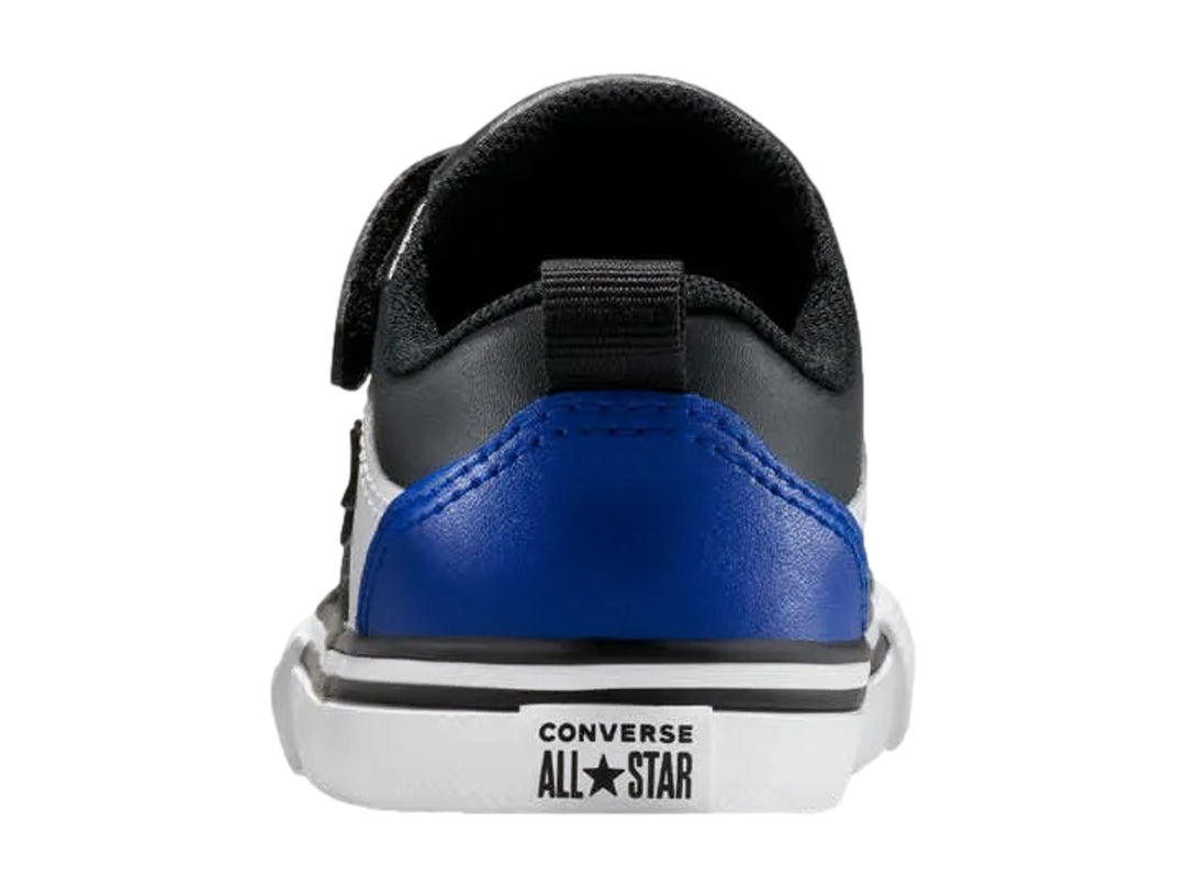Tenis Converse Pro Blaze para niño en colores blanco, azul y negro con cierre de correa de velcro.