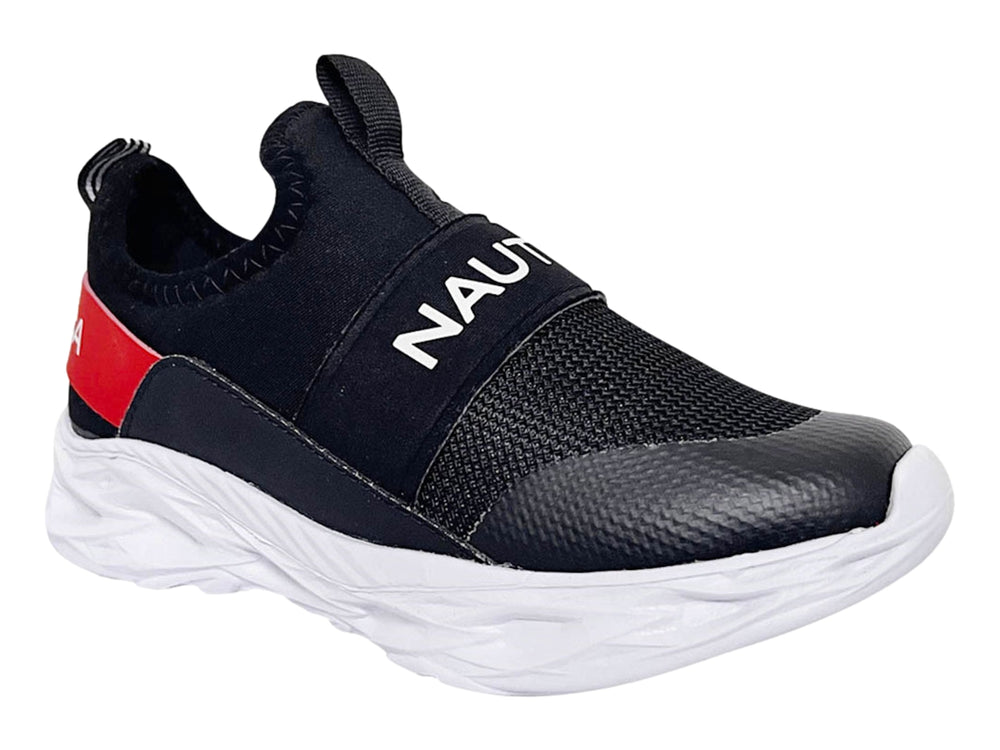 Tenis deportivos Nautica negros con suela blanca y detalle rojo en el talón, estilo slip-on.