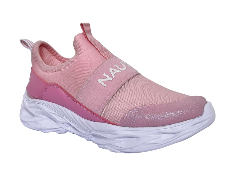 Tenis deportivos Nautica para niña en color rosa con suela blanca gruesa y diseño slip-on.