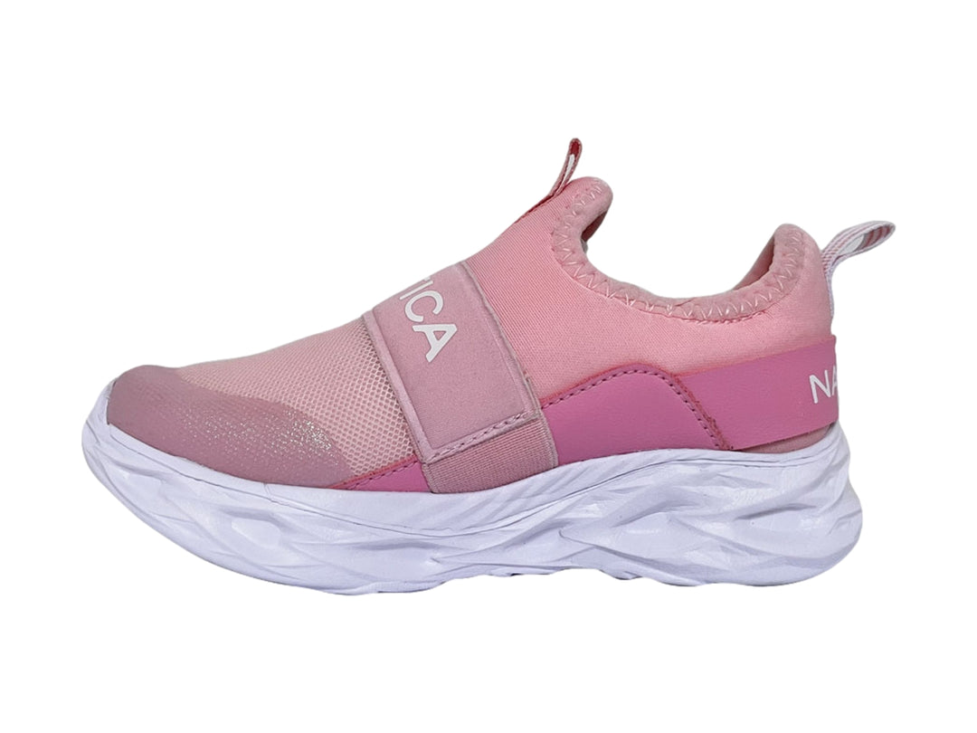 Tenis deportivos Nautica para niña en color rosa con suela blanca gruesa y diseño slip-on.