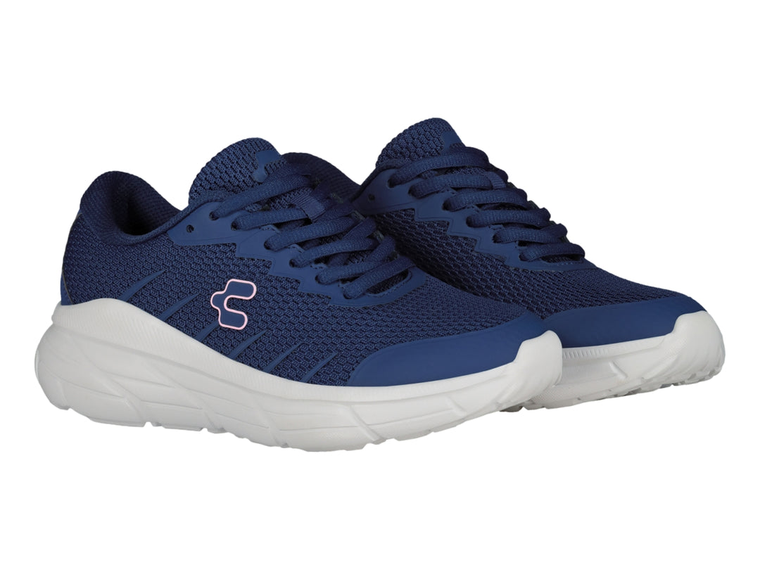 Tenis deportivos Charly color azul marino con suela blanca y detalle en rosa.