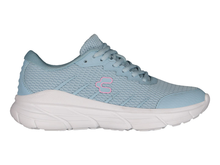 Tenis deportivos Charly color aqua con suela blanca y logotipo fucsia.