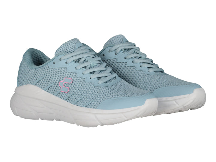 Tenis deportivos Charly color aqua con suela blanca y logotipo fucsia.