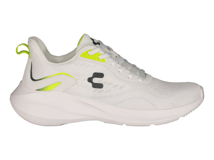 Tenis deportivos Charly color blanco con detalles en verde lima y suela blanca.