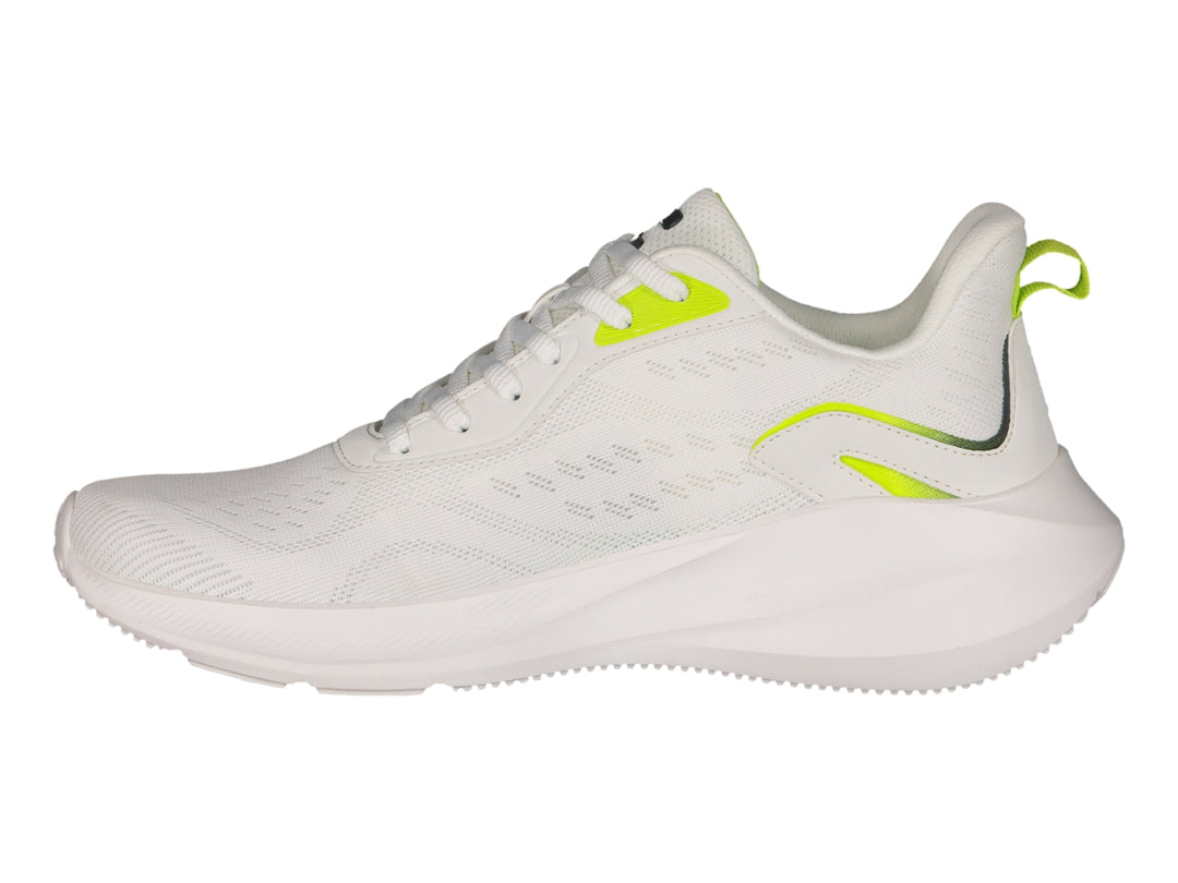 Tenis deportivos Charly color blanco con detalles en verde lima y suela blanca.