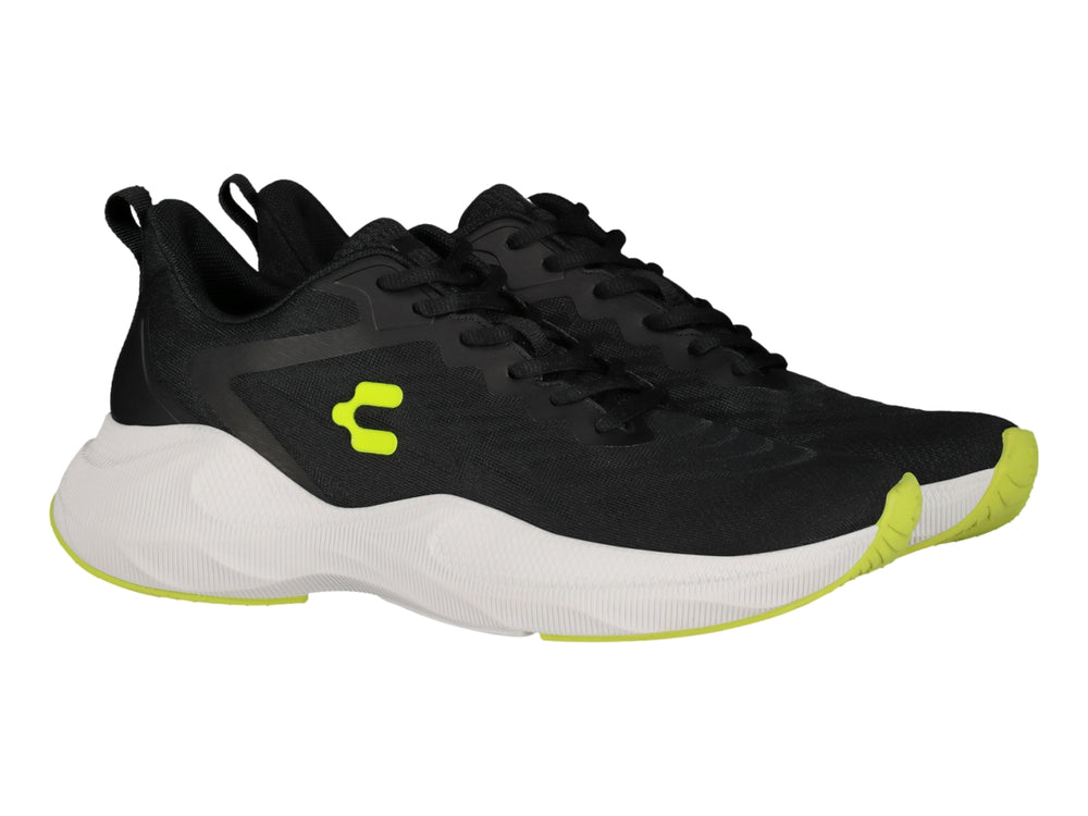 Tenis deportivos Charly en color negro con suela blanca y detalles en color lima.