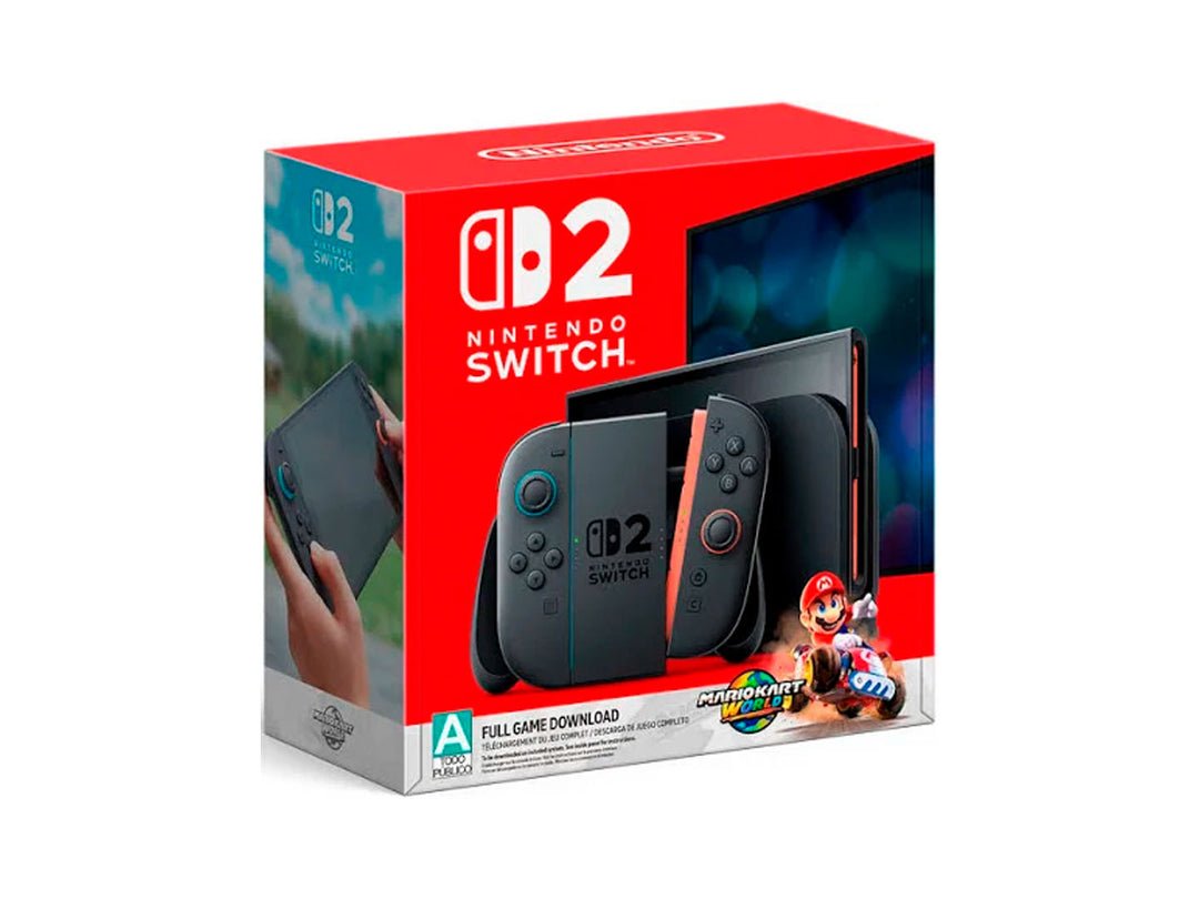 Consola Nintendo Switch 2 color negro en su empaque rojo con juego Mario Kart World 2 incluido.