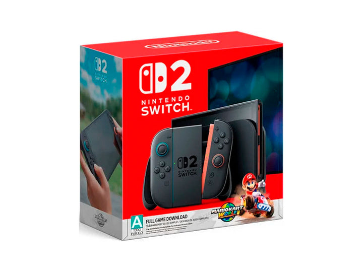 Consola Nintendo Switch 2 color negro en su empaque rojo con juego Mario Kart World 2 incluido.