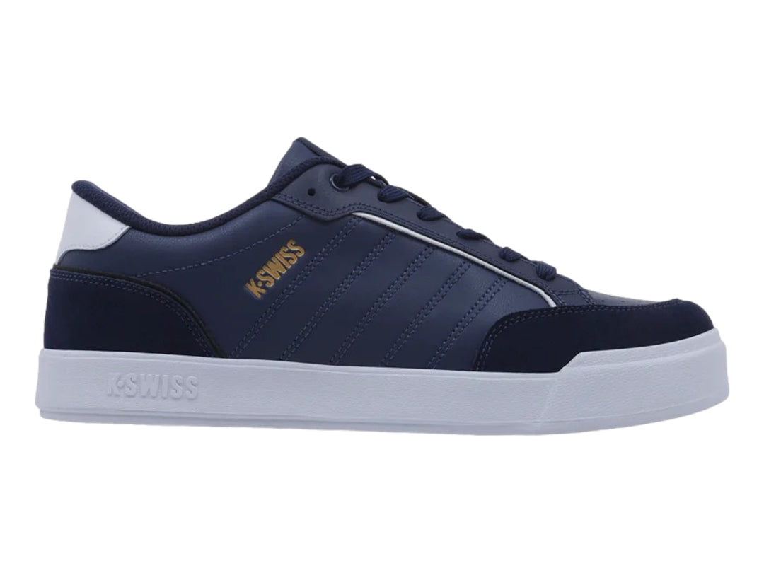 Tenis K-Swiss color azul marino con suela blanca y detalles en dorado.