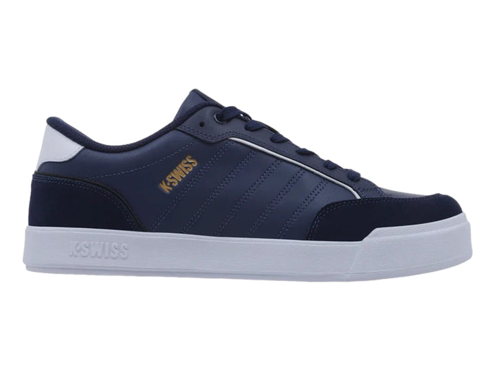 Tenis K-Swiss color azul marino con suela blanca y detalles en dorado.