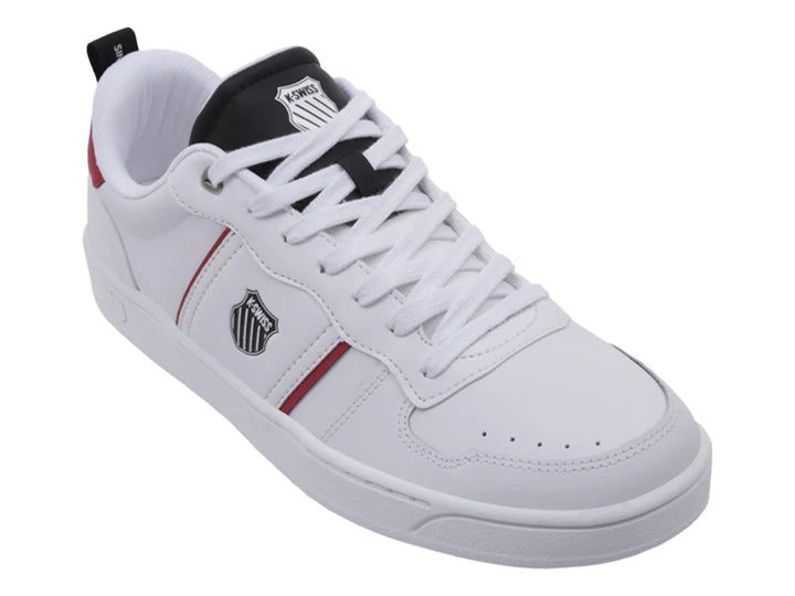 Tenis K-Swiss blancos con franjas y detalles en azul marino.