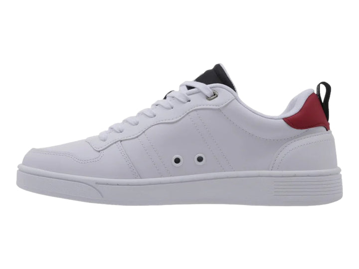 Tenis K-Swiss blancos con franjas y detalles en azul marino.