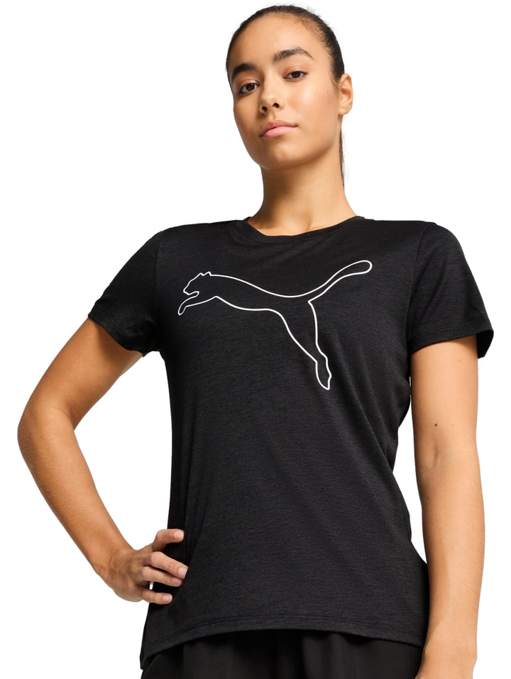 Camiseta deportiva PUMA de color negro jaspeado con logo blanco en el pecho.