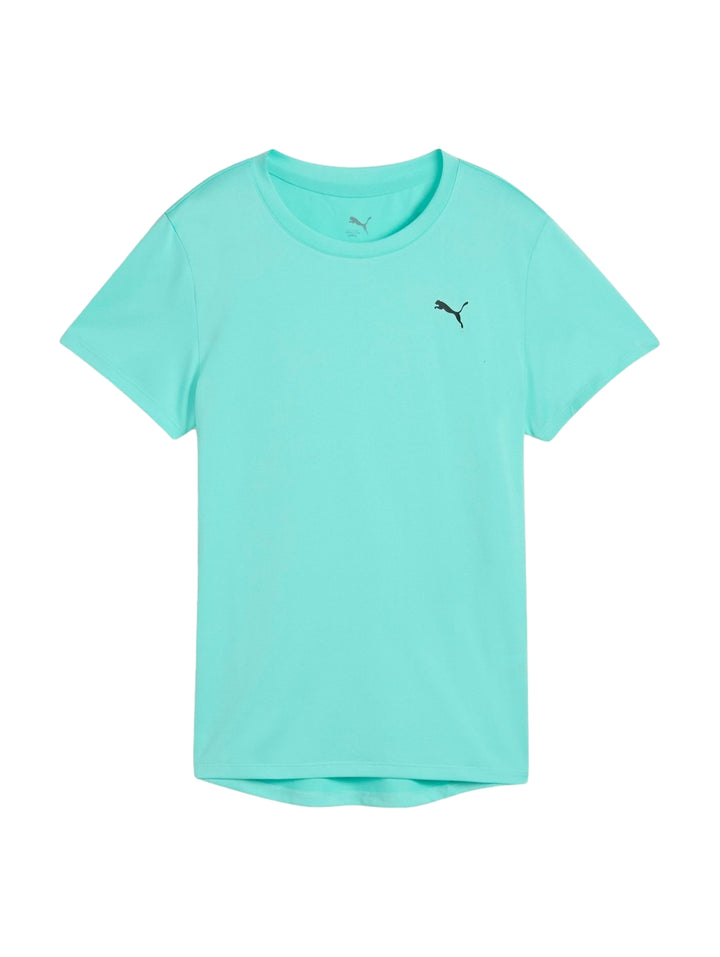 Playera deportiva PUMA de color aguamarina con cuello redondo y manga corta.