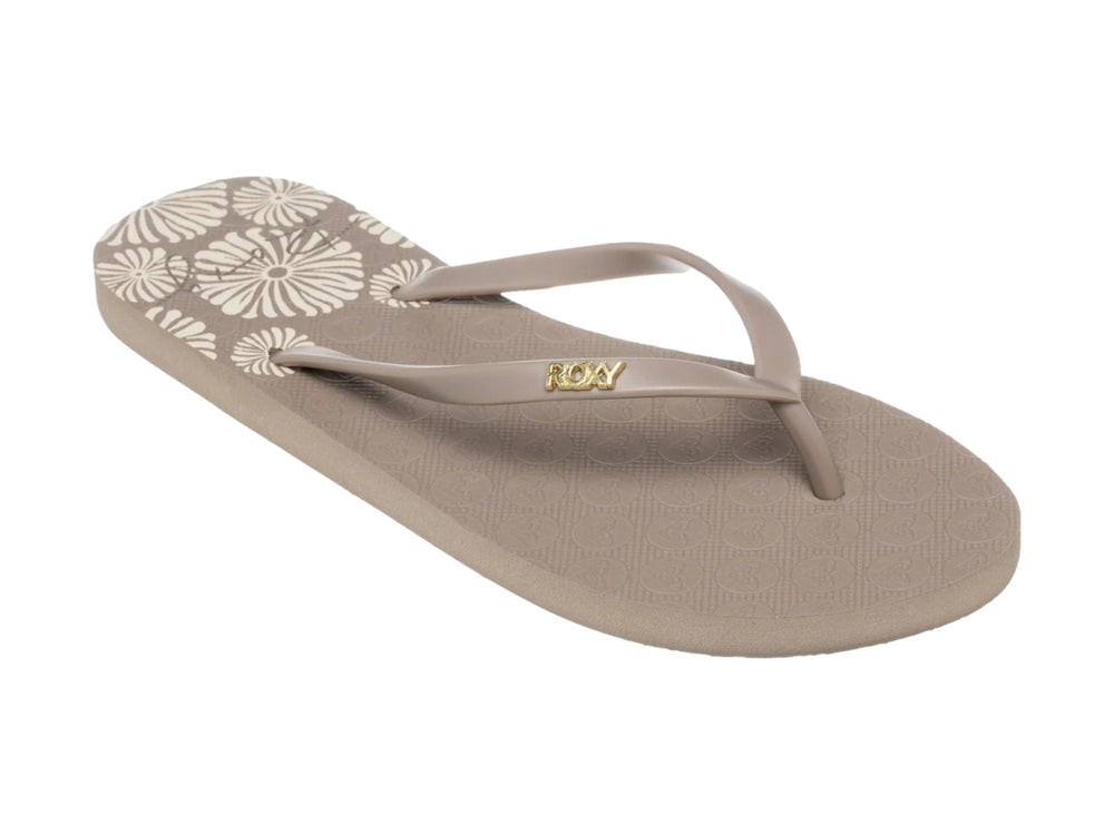 Sandalias de dedo color taupe marca Roxy con diseño plano y minimalista.