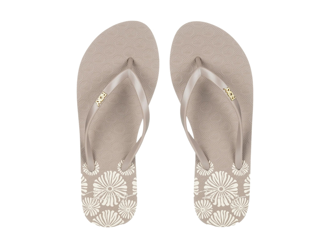 Sandalias de dedo color taupe marca Roxy con diseño plano y minimalista.