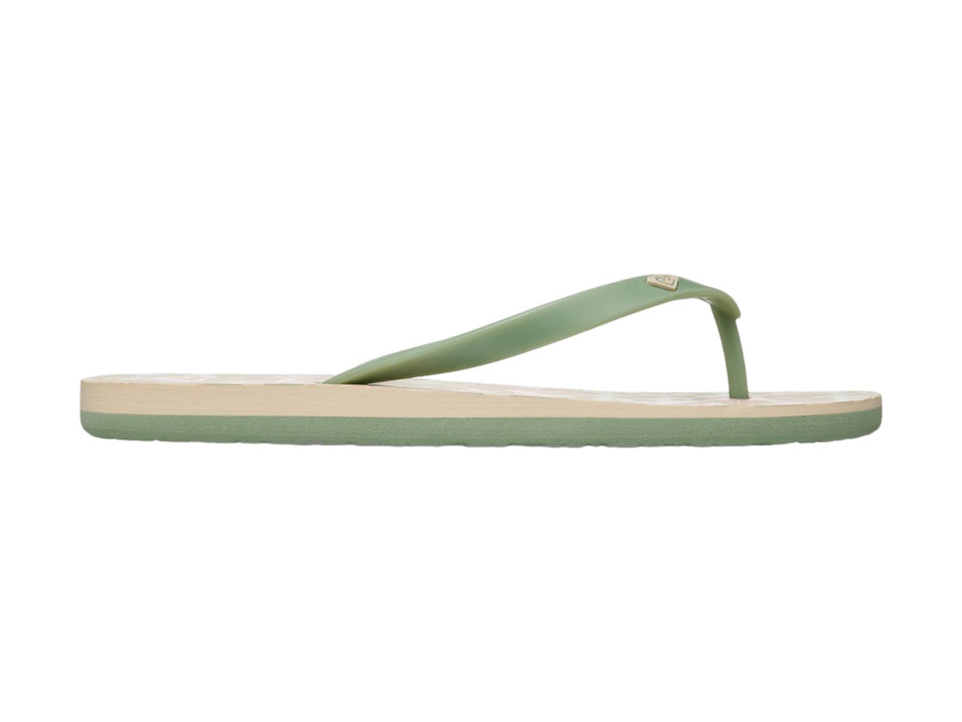 Sandalias tipo flip-flop Roxy en color verde y beige, vista de perfil.