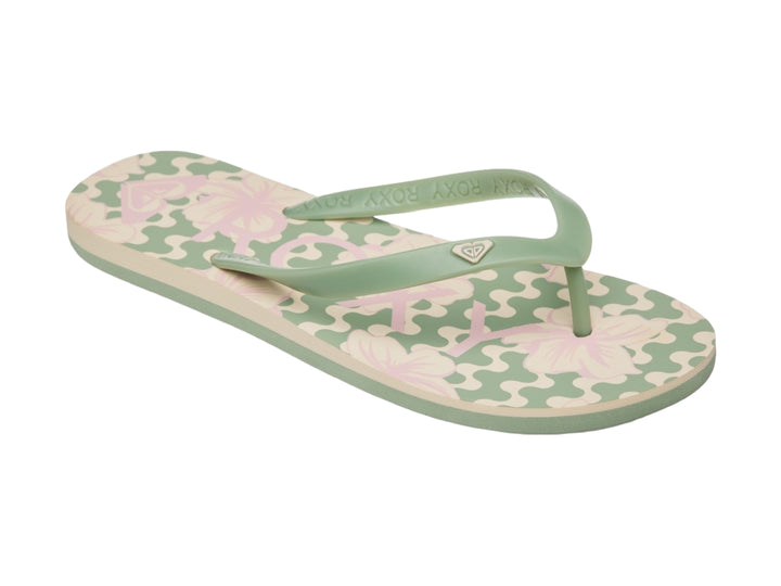Sandalias tipo flip-flop Roxy en color verde y beige, vista de perfil.