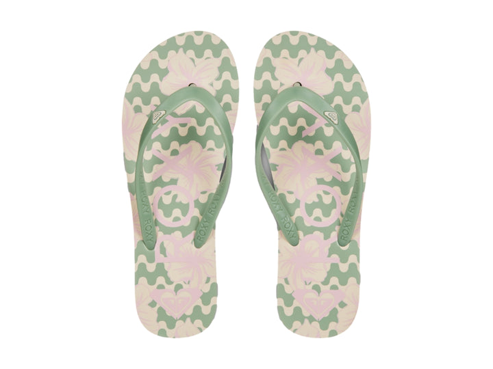 Sandalias tipo flip-flop Roxy en color verde y beige, vista de perfil.