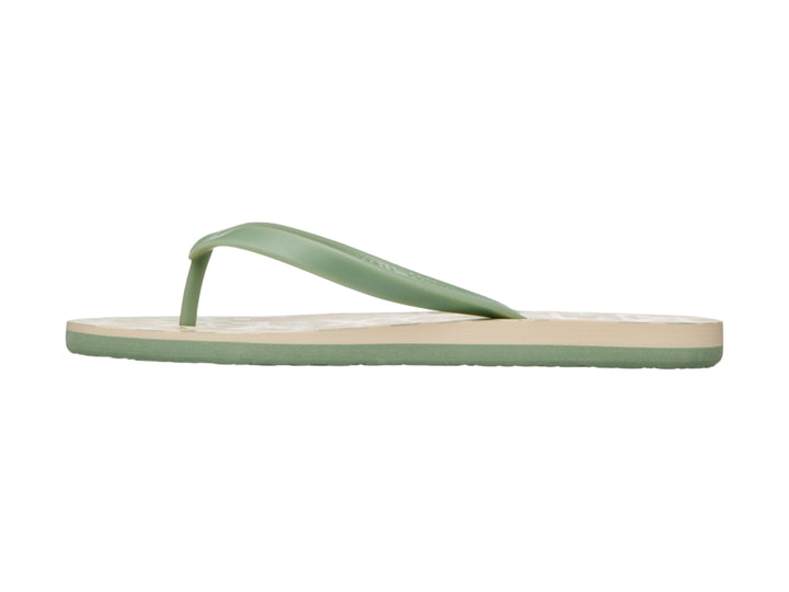 Sandalias tipo flip-flop Roxy en color verde y beige, vista de perfil.