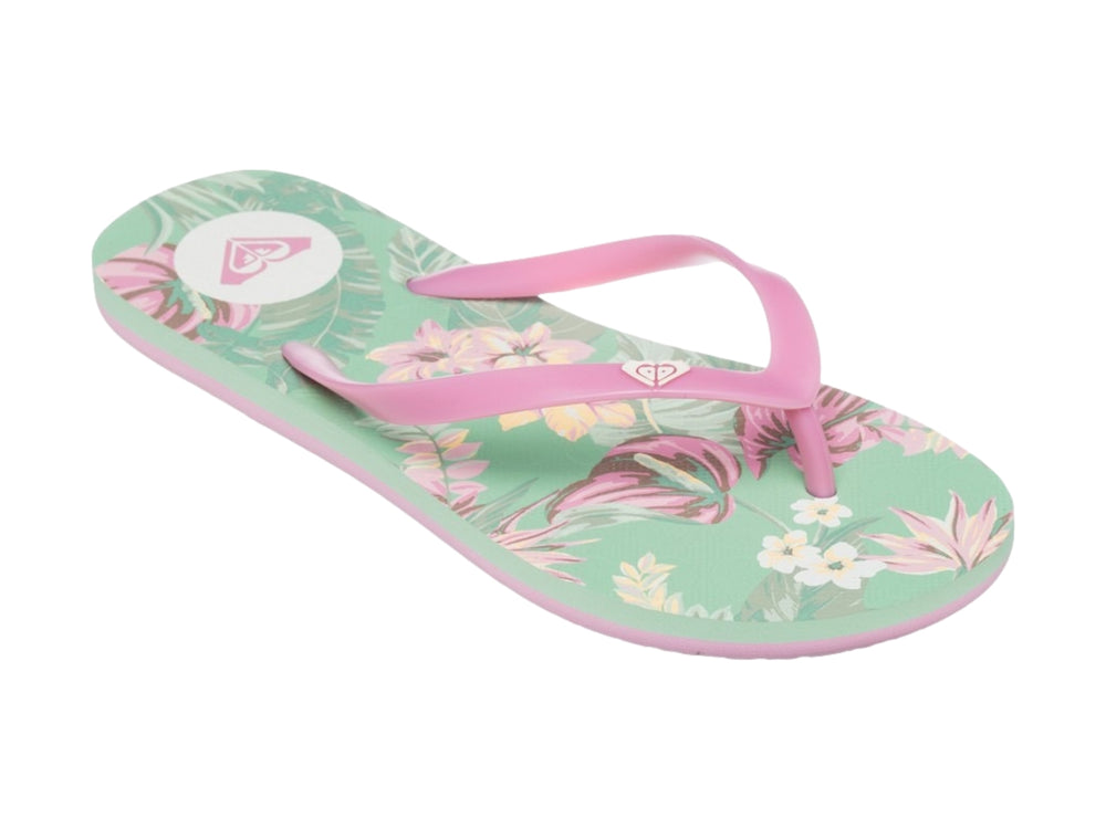 Sandalias tipo flip-flop de la marca Roxy en colores verde y rosa.