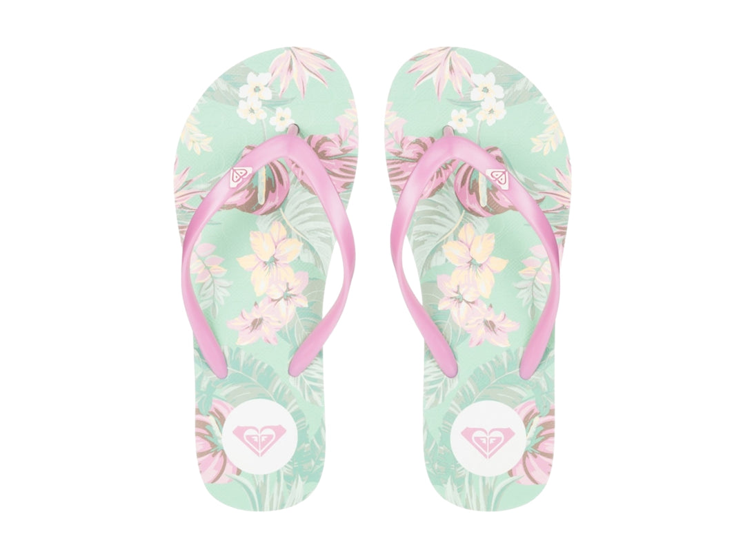 Sandalias tipo flip-flop de la marca Roxy en colores verde y rosa.