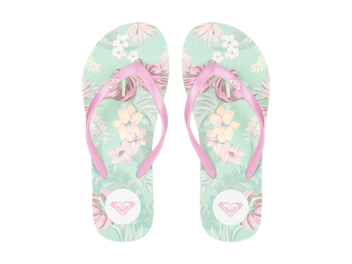 Sandalias tipo flip-flop de la marca Roxy en colores verde y rosa.