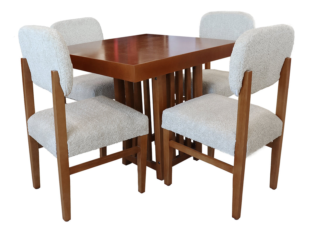 Conjunto de comedor con mesa cuadrada en color nogal y cuatro sillas tapizadas en tela gris.