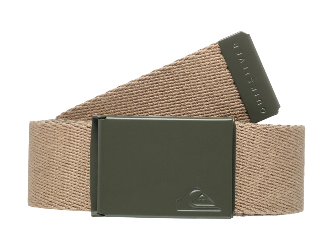 Cinto Quiksilver The Jam 5 color gris con hebilla rectangular y correa de tela tejida.