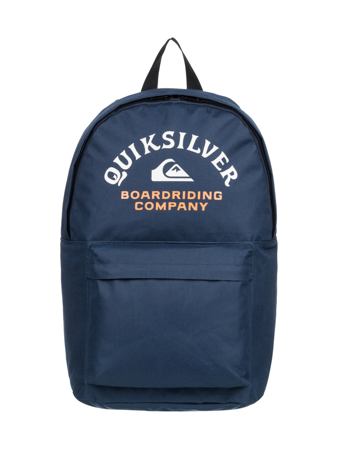 Mochila escolar Quiksilver color azul marino con logotipo frontal en blanco y naranja.