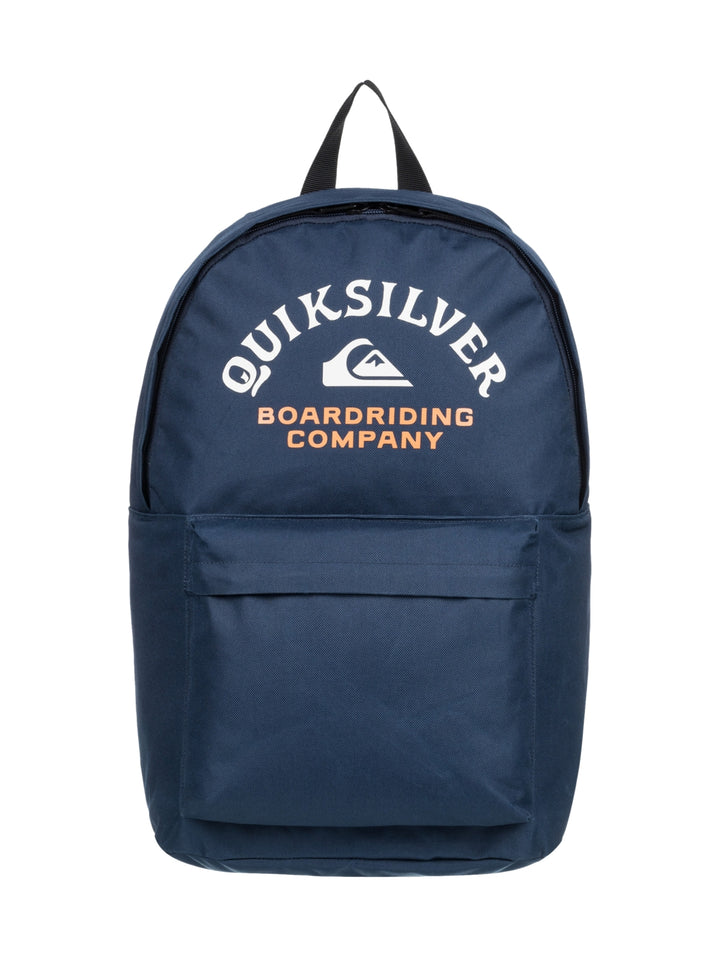 Mochila escolar Quiksilver color azul marino con logotipo frontal en blanco y naranja.