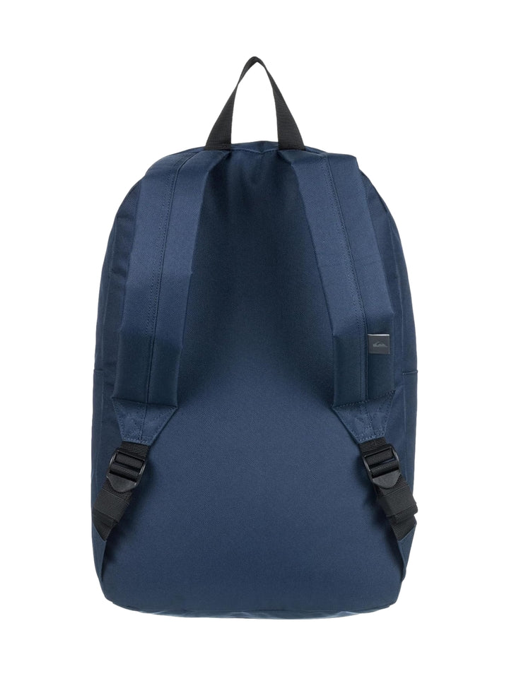 Mochila escolar Quiksilver color azul marino con logotipo frontal en blanco y naranja.