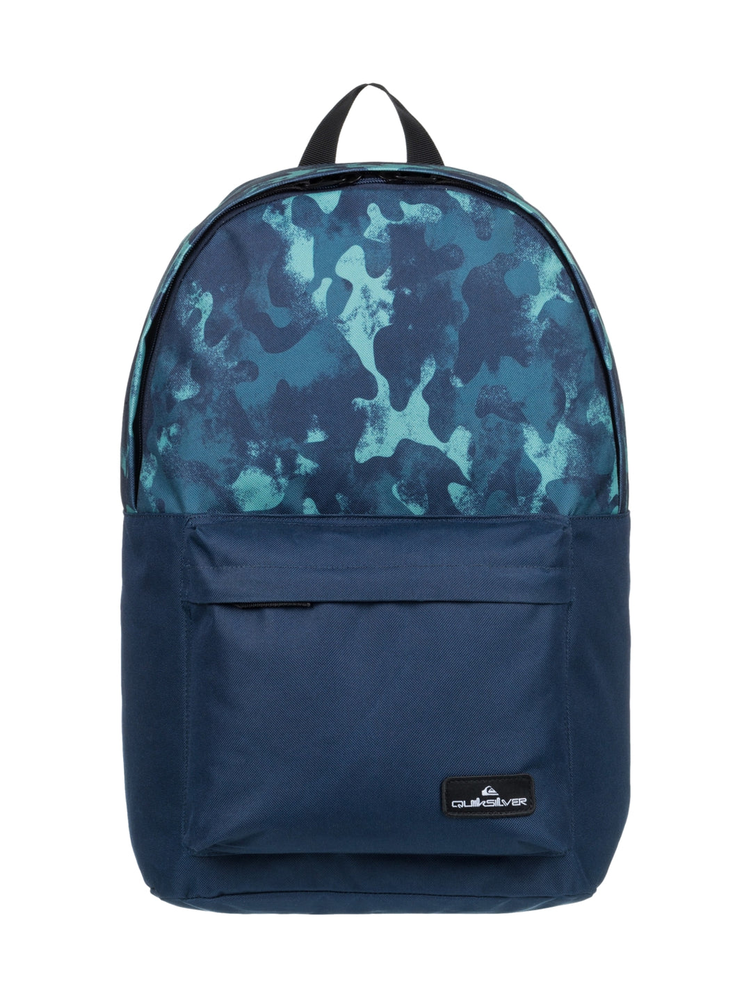 Mochila Quiksilver azul marino con estampado camuflaje en tonos turquesa en la parte superior.