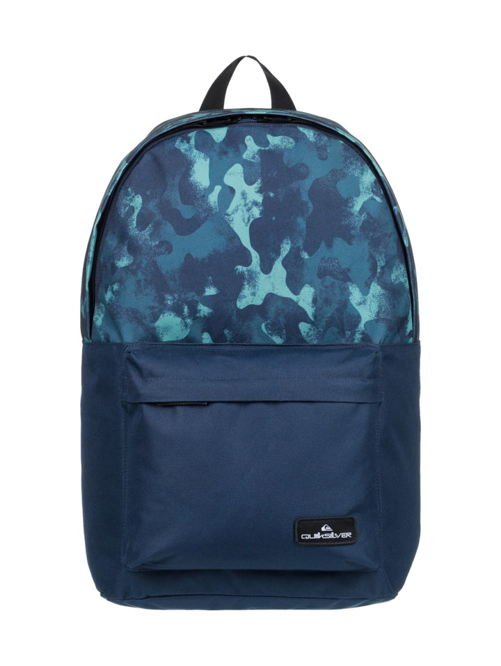 Mochila Quiksilver azul marino con estampado camuflaje en tonos turquesa en la parte superior.