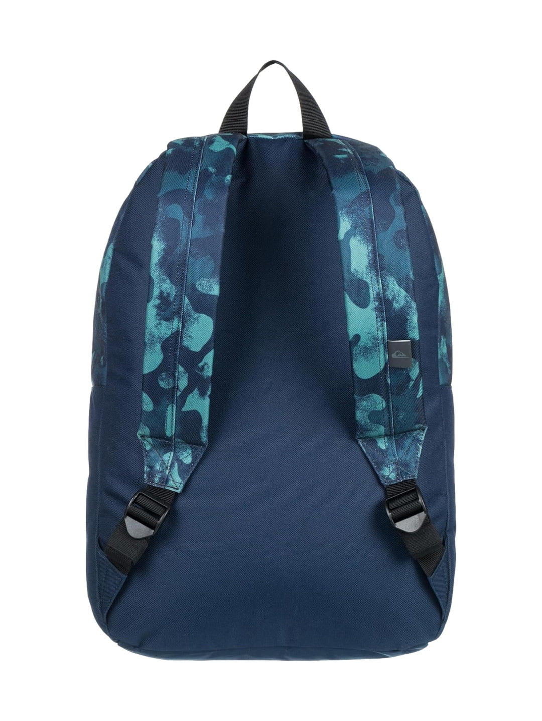 Mochila Quiksilver azul marino con estampado camuflaje en tonos turquesa en la parte superior.