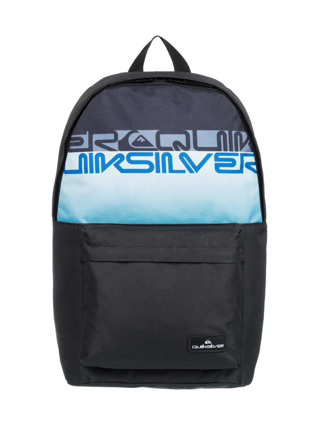 Mochila escolar Quiksilver de color negro y azul con diseño gráfico y bolsillo frontal.