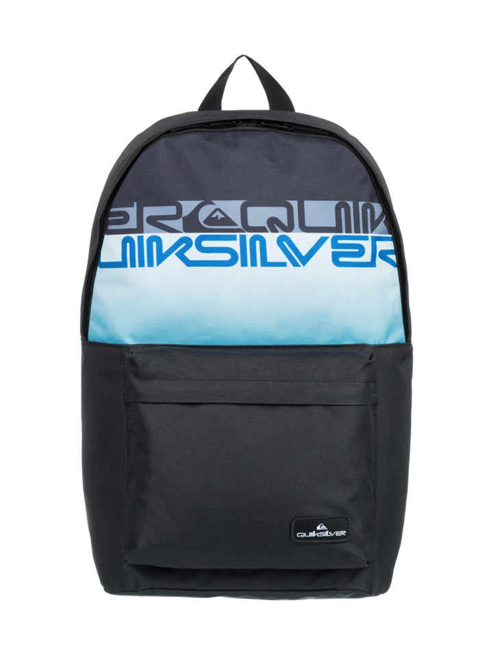 Mochila escolar Quiksilver de color negro y azul con diseño gráfico y bolsillo frontal.