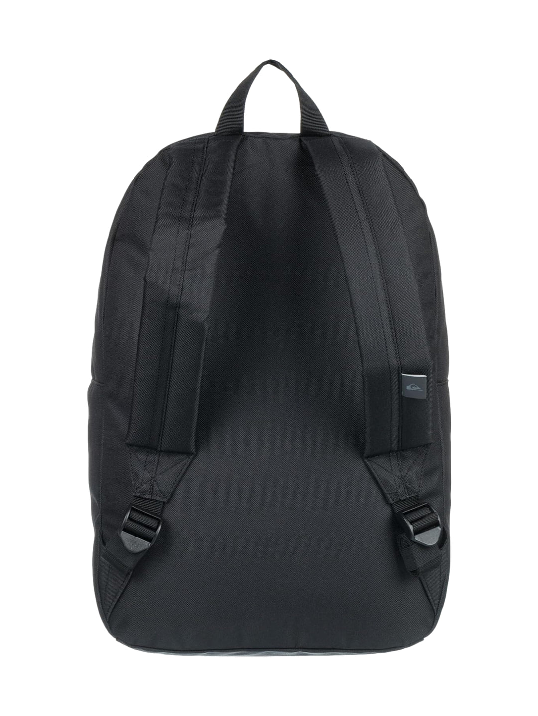 Mochila escolar Quiksilver de color negro y azul con diseño gráfico y bolsillo frontal.