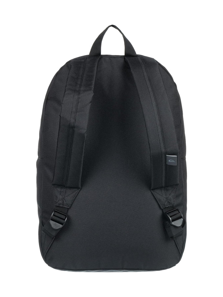 Mochila escolar Quiksilver de color negro y azul con diseño gráfico y bolsillo frontal.