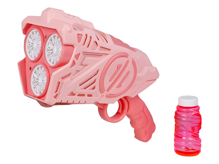 Pistola de burbujas eléctrica de color rosa en su empaque original azul con detalles gráficos.