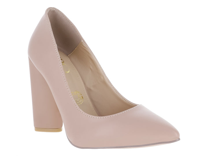 Zapato de tacón alto y grueso en color maquillaje con acabado mate y punta fina para mujer.