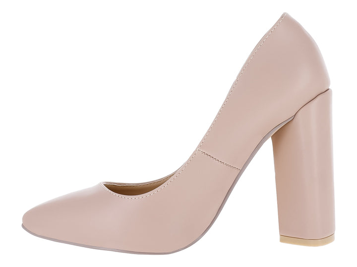 Zapato de tacón alto y grueso en color maquillaje con acabado mate y punta fina para mujer.