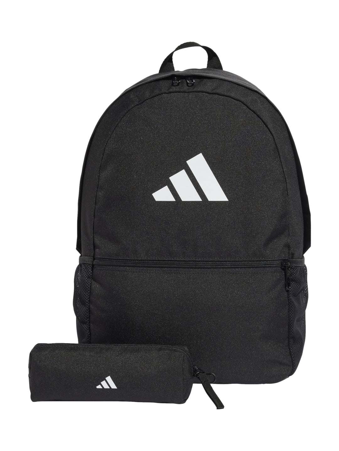 Mochila escolar negra Adidas con estuche a juego y logotipo blanco.
