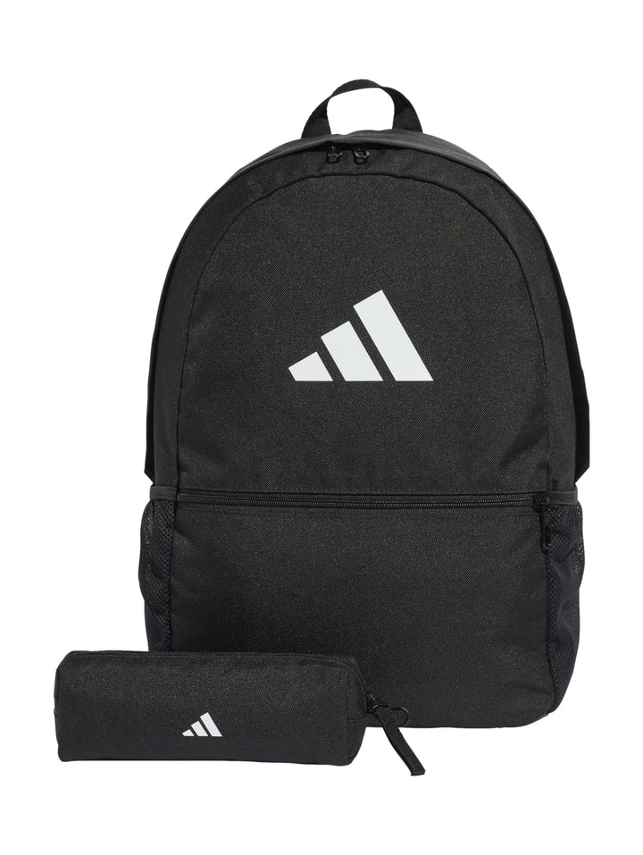 Mochila escolar negra Adidas con estuche a juego y logotipo blanco.